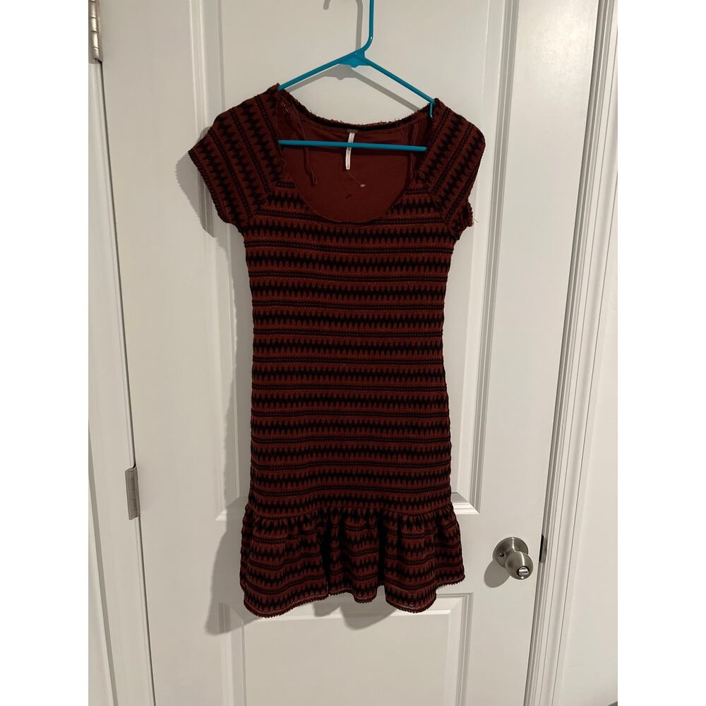 Free People Cozy Day Flounce Rust and Black Patterned Mini Dress Sz. S